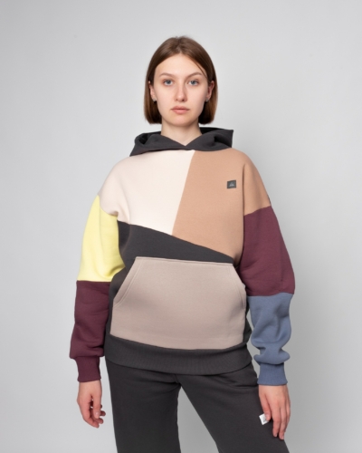 КАРТЕЛЬБ / Толстовка с карманом Truth / колор блок беж серый лимон слива джинс / жен