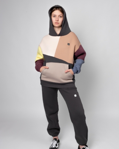 КАРТЕЛЬБ / Толстовка с карманом Truth / колор блок беж серый лимон слива джинс / жен