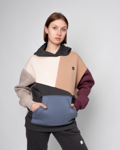 КАРТЕЛЬБ / Толстовка с карманом Truth / колор блок беж серый серый слива / жен