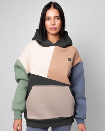 КАРТЕЛЬБ / Толстовка с карманом Truth / колор блок беж серый зеленый джинс / жен