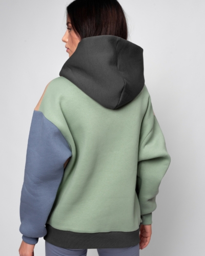 КАРТЕЛЬБ / Толстовка с карманом Truth / колор блок беж серый зеленый джинс / жен
