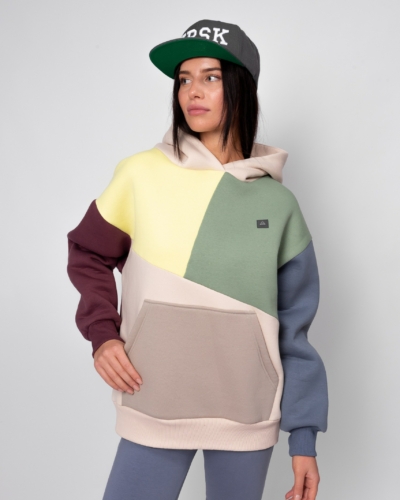 КАРТЕЛЬБ / Толстовка с карманом Truth / колор блок лимон беж слива джинс / жен